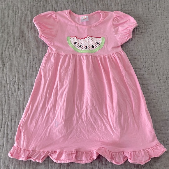 Stitchy Fish Other - Stitchy Fish Melon Smiles Appliqué  Pink Watermelon Dress Size 6 Cotton Blend